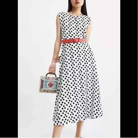 Polka dot midi dress with red belt - Picture 1 of 12